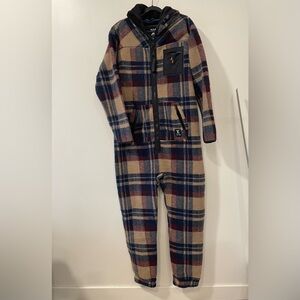Onepiece Heavyweight Checkered Fleece Jumpsuit Cozy Hoodie Pockets Men Size L